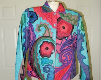 Sz M Anange All Silk Applique Jacket Multicolor con borde de cuentas