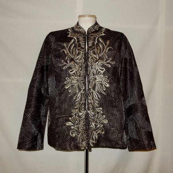 Sz 12 Dark Brown w Silver Embroidery & Stitching Tunic Jacket Blazer - Nehru Mao Asian Collar Qipao Cheongsam - Blackis Brown