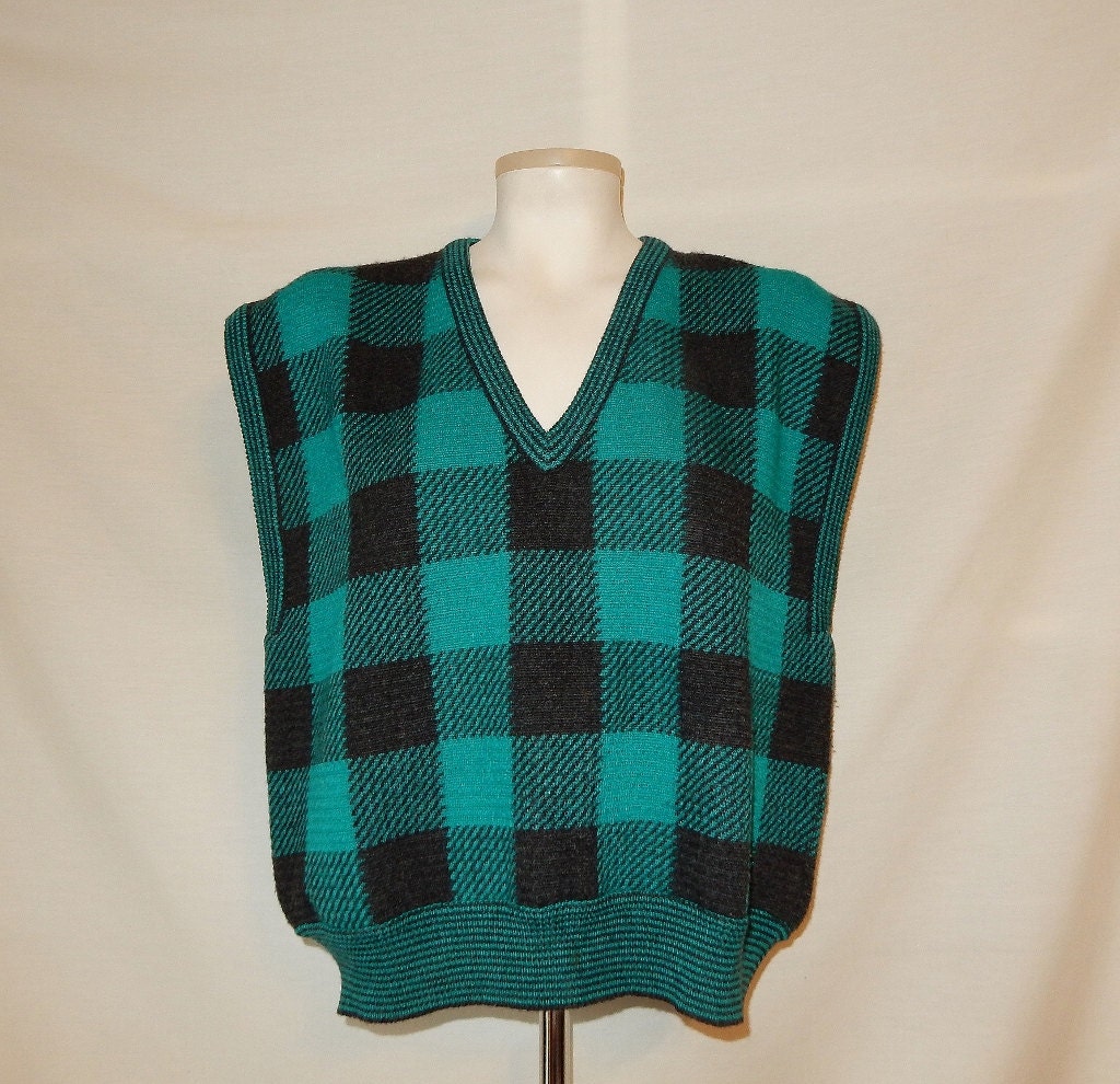 Sz M L Sweater Vest Black Green Plaid Wool Dalton 60s - Etsy