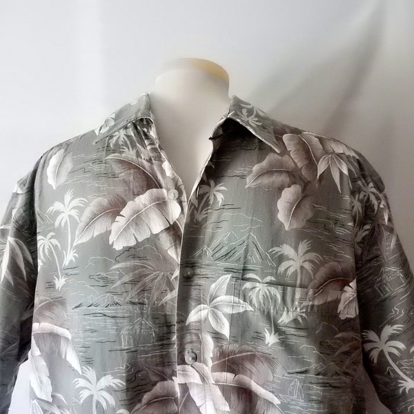 Sz M L Hawaiian Shirt - Cotton - Khaki Green Brown - Palm Trees Islands Sailboat - Casual Summer - Size Medium Large