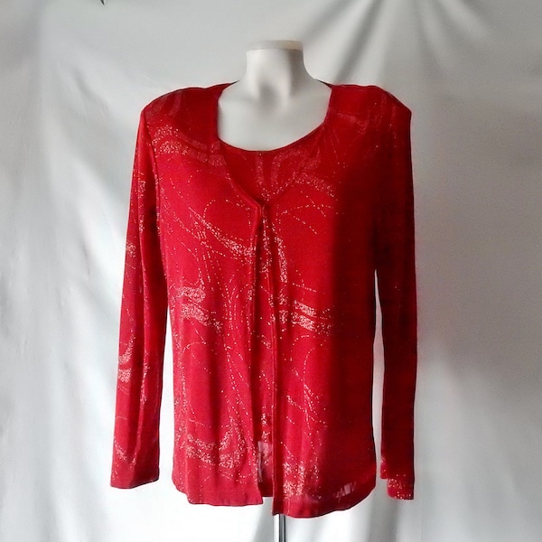 Sz S M Glitter Knit Faux Twin Sweater Set - Size 6 8 - Red - New Year Holiday Party - Metallic Bling - Made USA