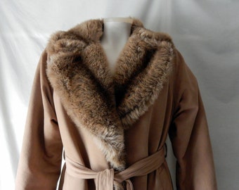 Sz  9 10  Faux Fur Wrap Coat -  Forecaster - Vegan Fur -- Vegan Suede -  Union Made in USA - Belted - Warm Winter - Tan Beige