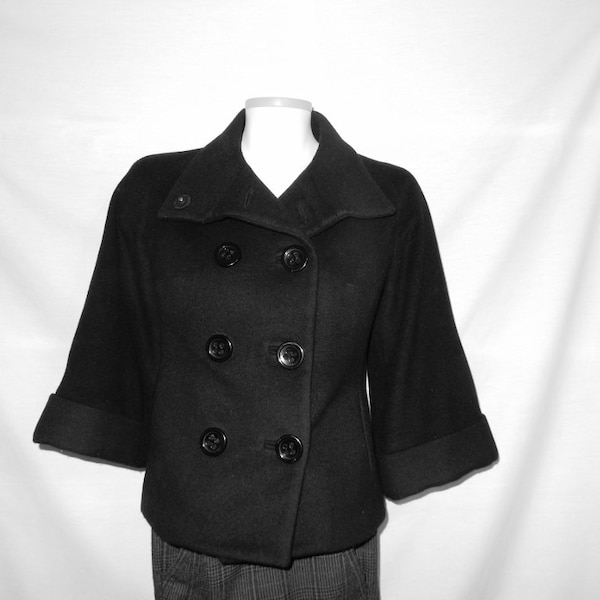 Sz 0 XS XXS Peacoat Jacket - Black - Double Breasted -  Short - 3/4 Sleeve - Size Extra Small - Petite