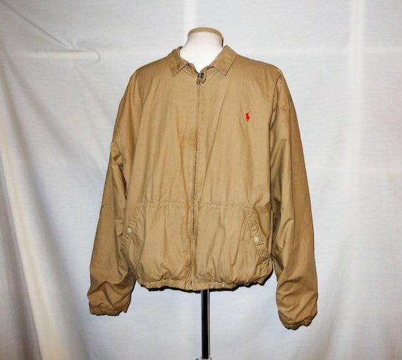 Sz L XL Polo Ralph Lauren Cotton Bomber Jacket - Tan Fleece Lined Windbreaker - unisex - Men's Size L Large - Women's Size XL 1x