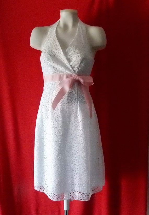 Sz 2 4 Eyelet Halter Dress - White - Surplice - Ingenue Sweet Innocent - Made in USA Sz 2 4 Eyelet Halter Dress - White - Surplice - Ingenue Sweet Innocent - Made in USA