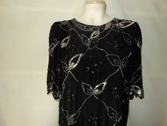 Sz 8 10 Silk Sequin & Bead Formal Dress - Black -… - image 3