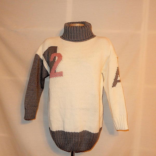 Hand Knit Turtleneck Pullover - Women's Size  L XL 1X - Men's M L - Drop Shoulder - White Gray & Pink - #2 on Front - A on Sleeve - Handmade