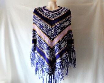 Sz S M Hand Knit Fringed Poncho - Purple Lavender White Green & Gold - Handmade