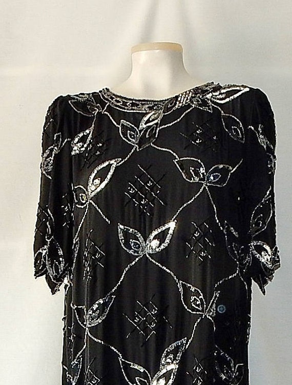 Sz 8 10 Silk Sequin & Bead Formal Dress - Black -… - image 5