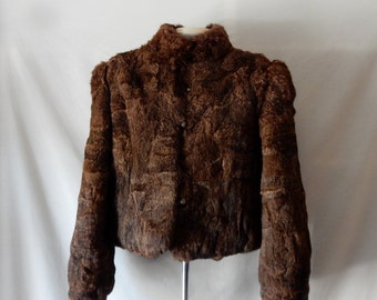 Sz 8 10 M High Neck Collar Fur Jacket Coat -  Rabbit - Cropped - Short Size Medium - 80s Vintage - Winter Warm