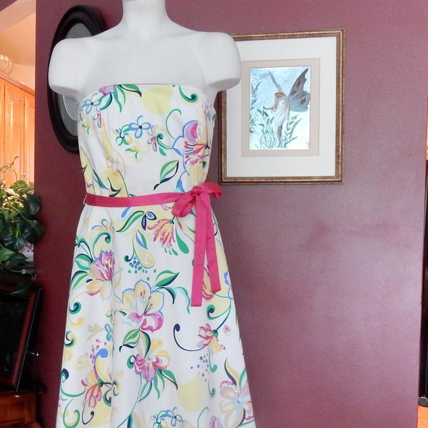 Sz 4 6 Strapless Party Sundress - Pop Art Floral - Sequins -  Tie Belt - Summer - Garden Party - Cruise Wear