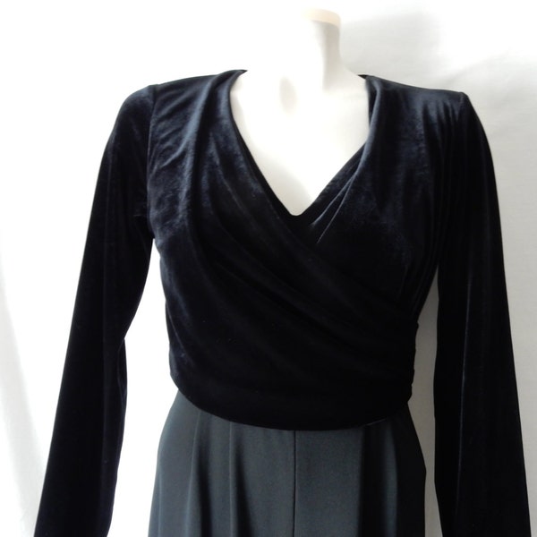 Sz 4P Velvet & Crepe Jumpsuit - Surplice Top -  Long Sleeve Size S XS. Black Jones New York -  Formal Evening Cocktail Dressy