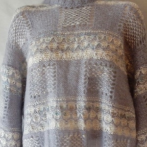 Sz L XL 1X Made England Mohair Pullover 70s Vintage Crew Neck Pastel Pale Lilac & White Oversize UK Britain Openwork Knit image 4