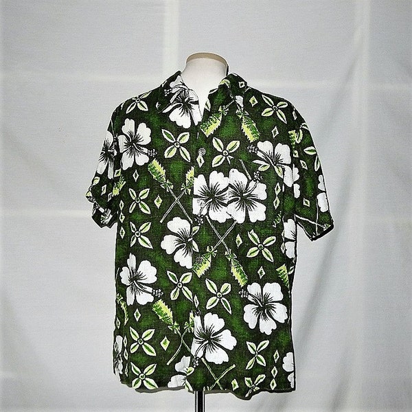 Sz M Made in Hawaii Hawaiian Shirt - Green & White Hibiscus Floral - Breathable Fabric - Metal Buttons - Casual Beach Vacation