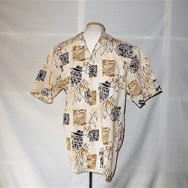 Sz S Made in Hawaii Shirt- Paradise Style - Beige w Browns -  Beach - Floral Island Print w Palm Trees Catamarans - Made in USA - Size Small