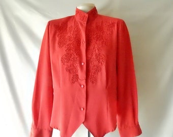 Sz 8 10 Secretary Blouse Shirt Top - Soutache & Beads - Red - Wear to Work or Church - Career Office - Size M L Small Medium