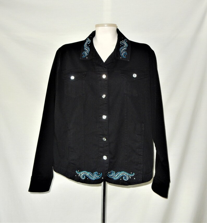 1970s 1980s Vintage - PFI Fashions Bling Sz XL 12 14 Black Denim Rhinestone Show Jacket