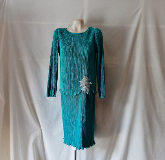 Sz 5 6 Teal Cocktail Dress - After Dark - S Small M Medium - Modest - Faux 2 PC Formal Evening Dressy - Crinkle Pleats - Made USA