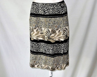 Sz 6 Faux Wrap Pencil Skirt - Animal & Floral Print - Intriguing Threads - Knee Length - Made in USA - Leopard - Beige w Khaki + Black