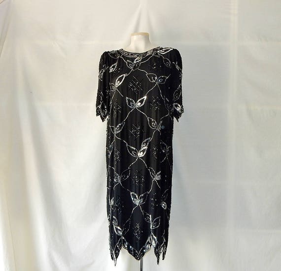 Sz 8 10 Silk Sequin & Bead Formal Dress - Black -… - image 1