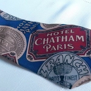 Silk Travel Motif Tie - Huntington Horn - Travel  Stamps Stickers - Made in USA of Imported Fabric