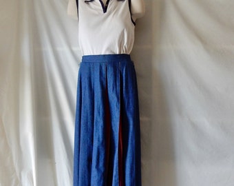 Sz 6 8 Orvis Pleated Denim Skirt - Elastic Waist  - Multi Color Inset Gores - Full Ankle Length - Modest - Made USA