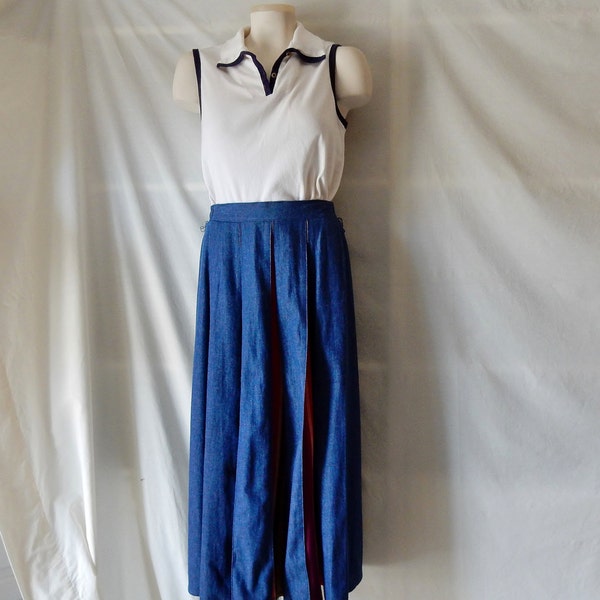 Sz 6 8 Orvis Pleated Denim Skirt - Elastic Waist  - Multi Color Inset Gores - Full Ankle Length - Modest - Made USA