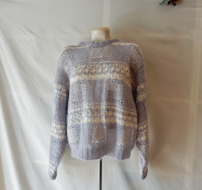 Sz L XL 1X Made England Mohair Pullover 70s Vintage Crew Neck Pastel Pale Lilac & White Oversize UK Britain Openwork Knit image 1