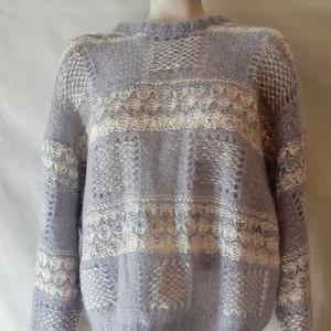 Sz L XL 1X Made England Mohair Pullover 70s Vintage Crew Neck Pastel Pale Lilac & White Oversize UK Britain Openwork Knit image 3