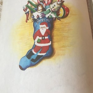 May include: A vintage illustration of a Christmas stocking filled with toys and candy. The blue stocking features a Santa Claus design. The name "John" is written in cursive. The stocking is filled with a clown, a monkey, and other toys.