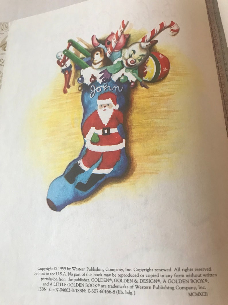 May include: A vintage illustration of a Christmas stocking filled with toys and candy. The blue stocking features a Santa Claus design. The name "John" is written in cursive. The stocking is filled with a clown, a monkey, and other toys.