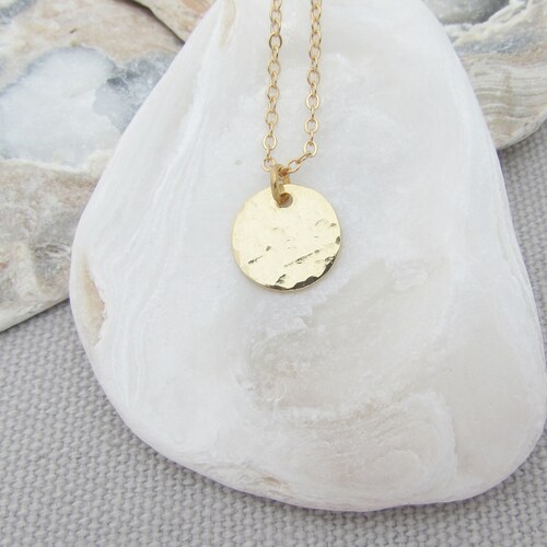 Gold Coin Necklace, Hammered Disc 