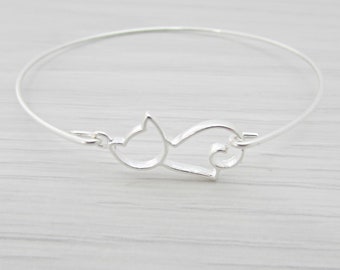 Silver Plated Cat Silhouette Bangle, Cat Lover Jewellery, Kitten Bracelet