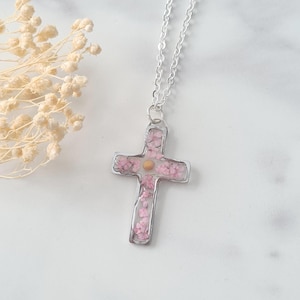 Mustard Seed & Pink Flower Cross Necklace, Gold or Silver Floral Cross, Religious Jewellery, Mustard Seed Necklace image 7