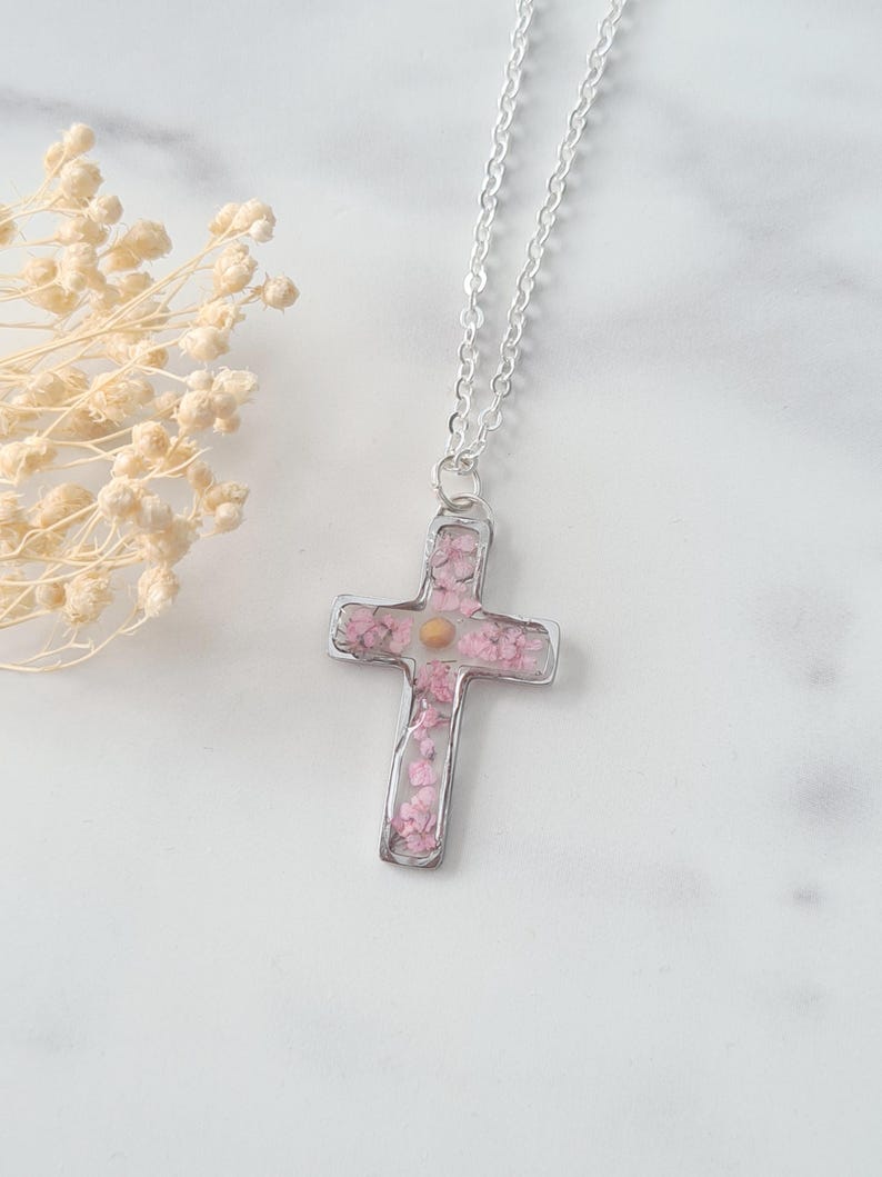 Mustard Seed & Pink Flower Cross Necklace, Gold or Silver Floral Cross, Religious Jewellery, Mustard Seed Necklace image 7
