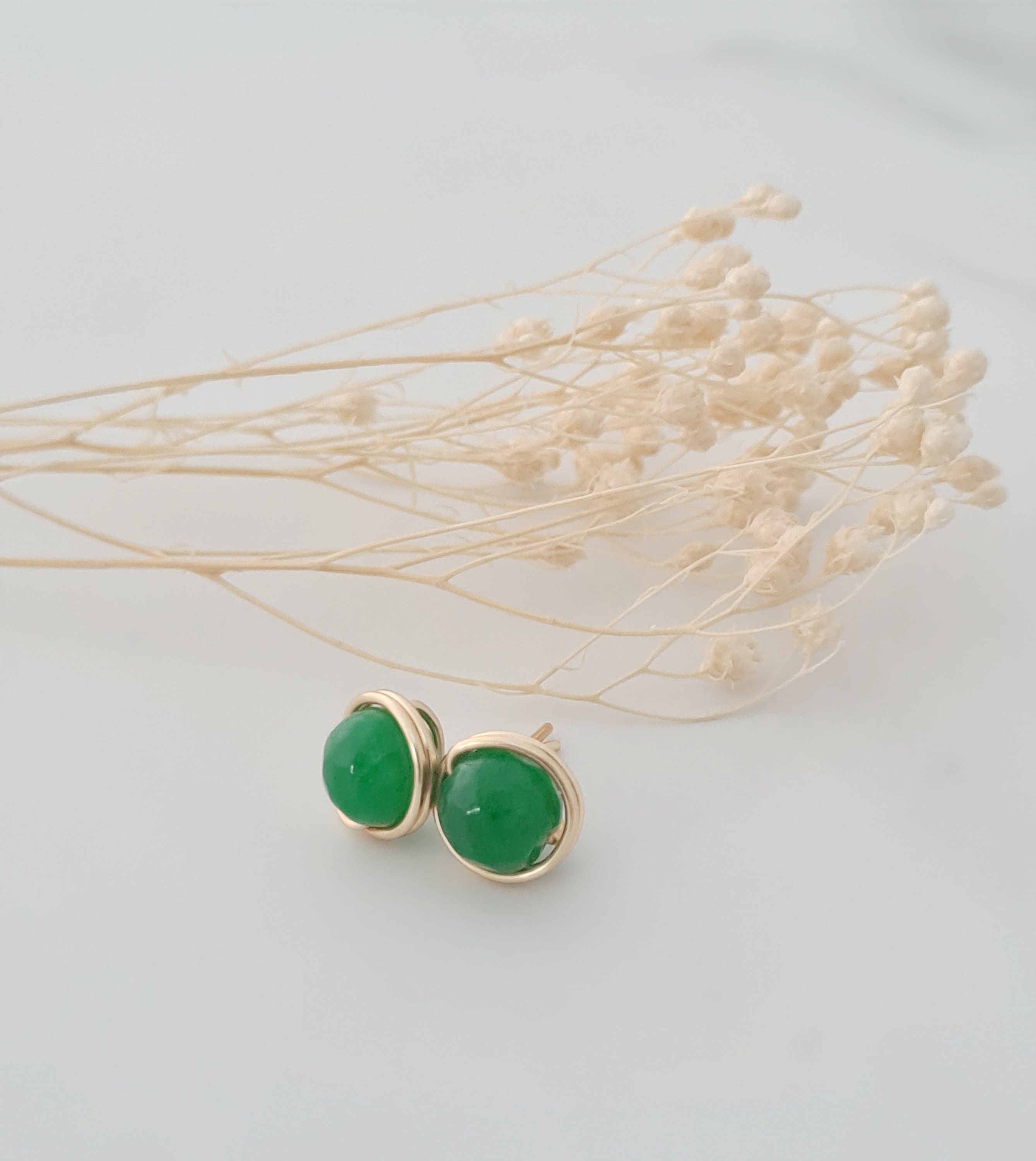 Green Jade Stud Earrings: Gold Plated Wire Wrapped, 8mm