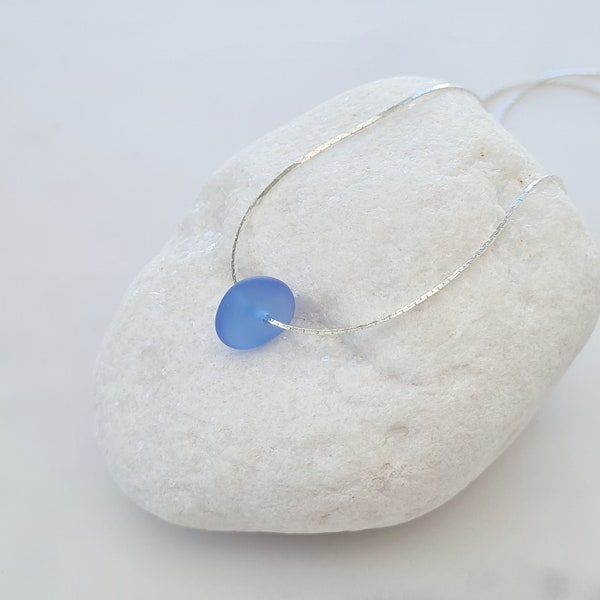 Sea Glass Necklace, Cultured Sea Glass Pebble, Sea Glass Jewellery UK, Shades of Blue Sea Glass, Beach Jewellery, Minimalist Necklace