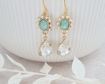 Victorian Earrings, Diamond Pear Drop Earrings, Opal Glass Earrings, Teardrop Dangle, Bridesmaid Earrings, Bridal Jewellery, Gifts for Her