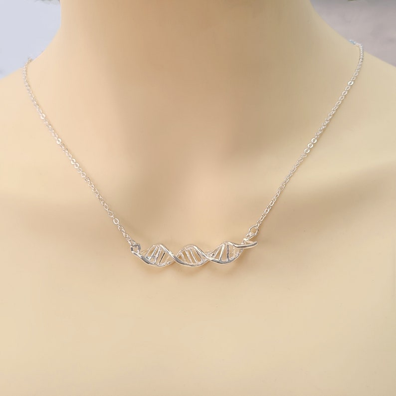 DNA Double Helix Necklace, Science Jewellery, DNA Molecule Pendant, Biology and Chemistry Necklace, Geekery Gifts, Horizontal DNA Pendant image 2