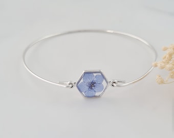 Forget Me Not Bangle, Real Dried Blue Flower, Bridesmaid Bracelet, Forget Me Not Jewellery