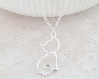 Personalised Cat Outline Necklace, Engraved Initial Pendant, Cat Lover Gift, Kitten Jewellery, Cat Owner Gifts, Animal Lover Jewellery