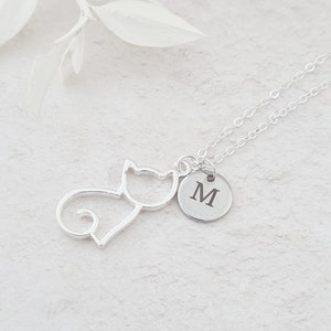 Personalised Cat Necklace, Cat and Initial Pendant, Cat Lover Gift, Silhouette Cat, Cat Jewellery, Cat Lady Gift, Pet Jewellery, Pet Gifts image 1