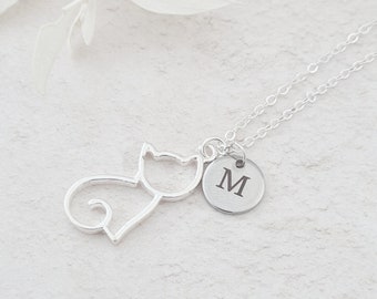 Personalised Cat Necklace, Cat and Initial Pendant, Cat Lover Gift, Silhouette Cat, Cat Jewellery, Cat Lady Gift, Pet Jewellery, Pet Gifts