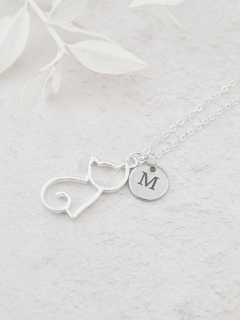 Personalised Cat Necklace, Cat and Initial Pendant, Cat Lover Gift, Silhouette Cat, Cat Jewellery, Cat Lady Gift, Pet Jewellery, Pet Gifts image 1