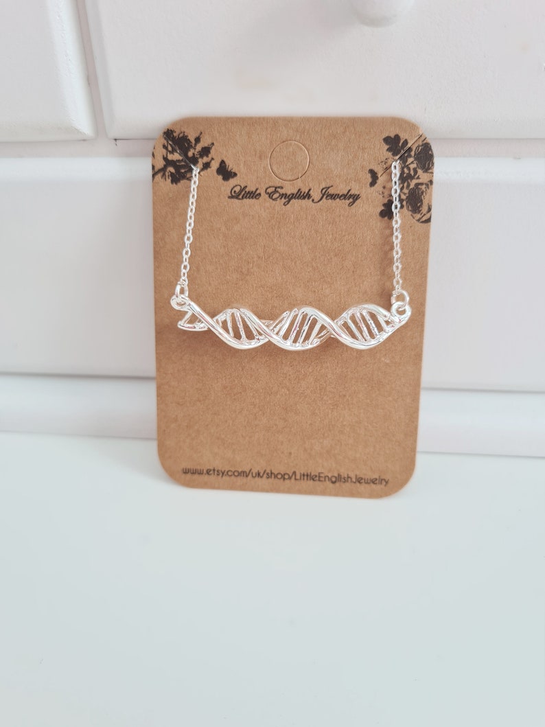 DNA Double Helix Necklace, Science Jewellery, DNA Molecule Pendant, Biology and Chemistry Necklace, Geekery Gifts, Horizontal DNA Pendant image 3