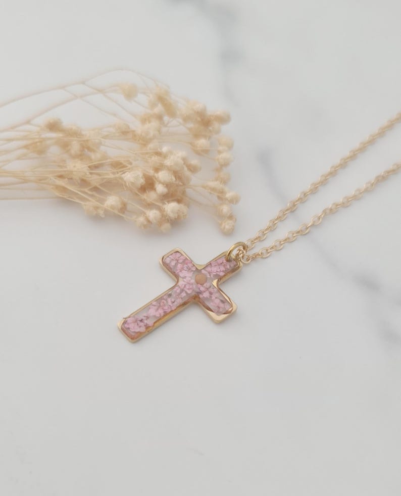 Mustard Seed & Pink Flower Cross Necklace, Gold or Silver Floral Cross, Religious Jewellery, Mustard Seed Necklace image 2