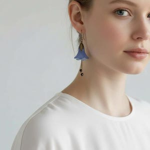Vintage Inspired Lucite Bluebell Flower Earrings, Brass and Long Crystal Stamens, Long Blue Flower Earrings