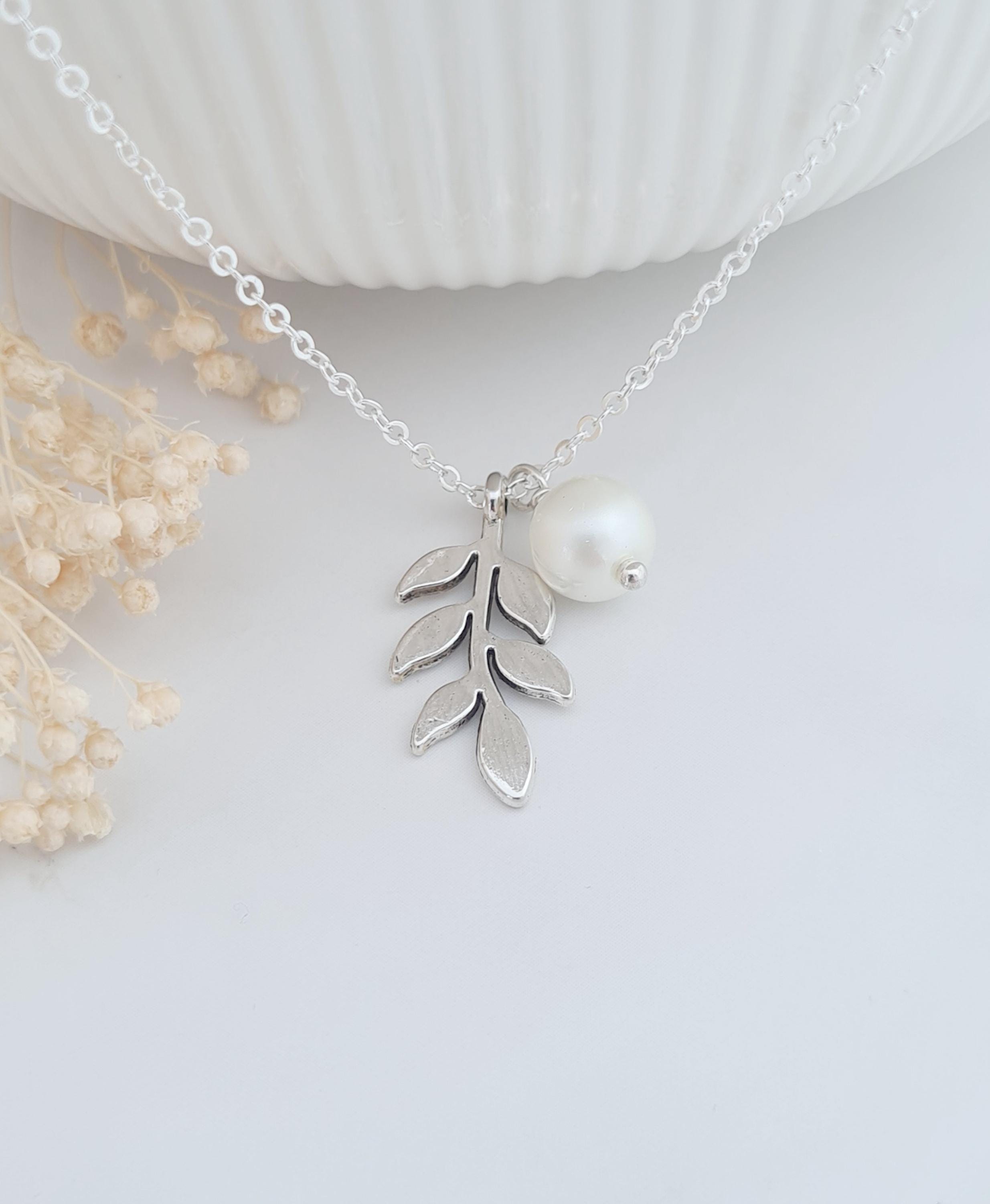 Collier Bois Et Perle Feuille Argent - Longueur 46-50 Cm - Occasion Vintage