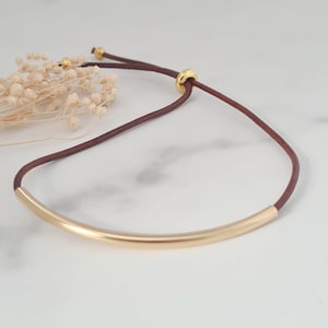 Black or Brown Leather Gold Plated Tube Bracelet, Slider Clasp Bracelet, Adjustable Leather Bracelet, Boho Jewellery, Minimalist Bracelet