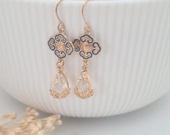 Blue Filigree Crystal Teardrop Earrings: Moroccan Style Dangles